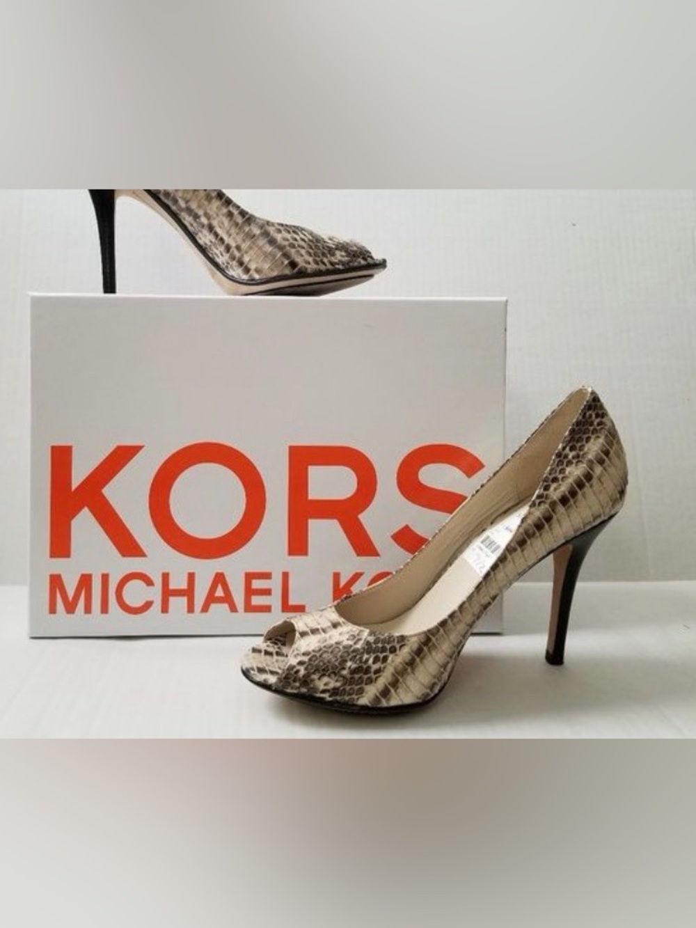 MICHAEL KORS Snake-Print Peep Toe Heels in Beige and Black
